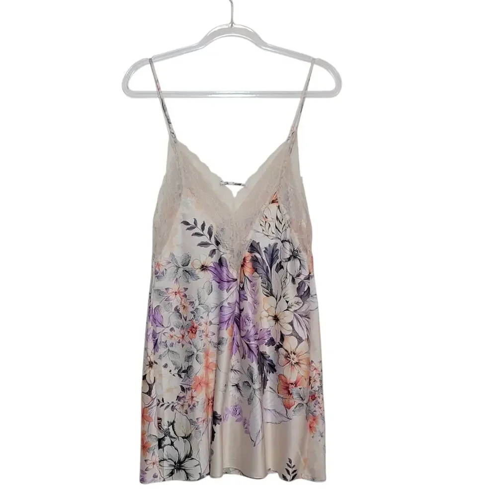 Linea Donatella Lace Floral Charmeuse Slip Nightie Mini Pink Peach M Romantic